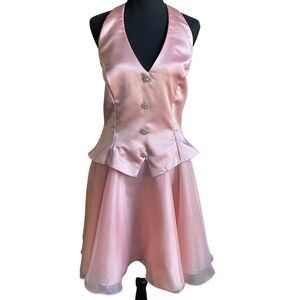 Dave and Johnny Cocktail Mini Dress L Tuxedo Pink Satin Rhinestones Burlesque